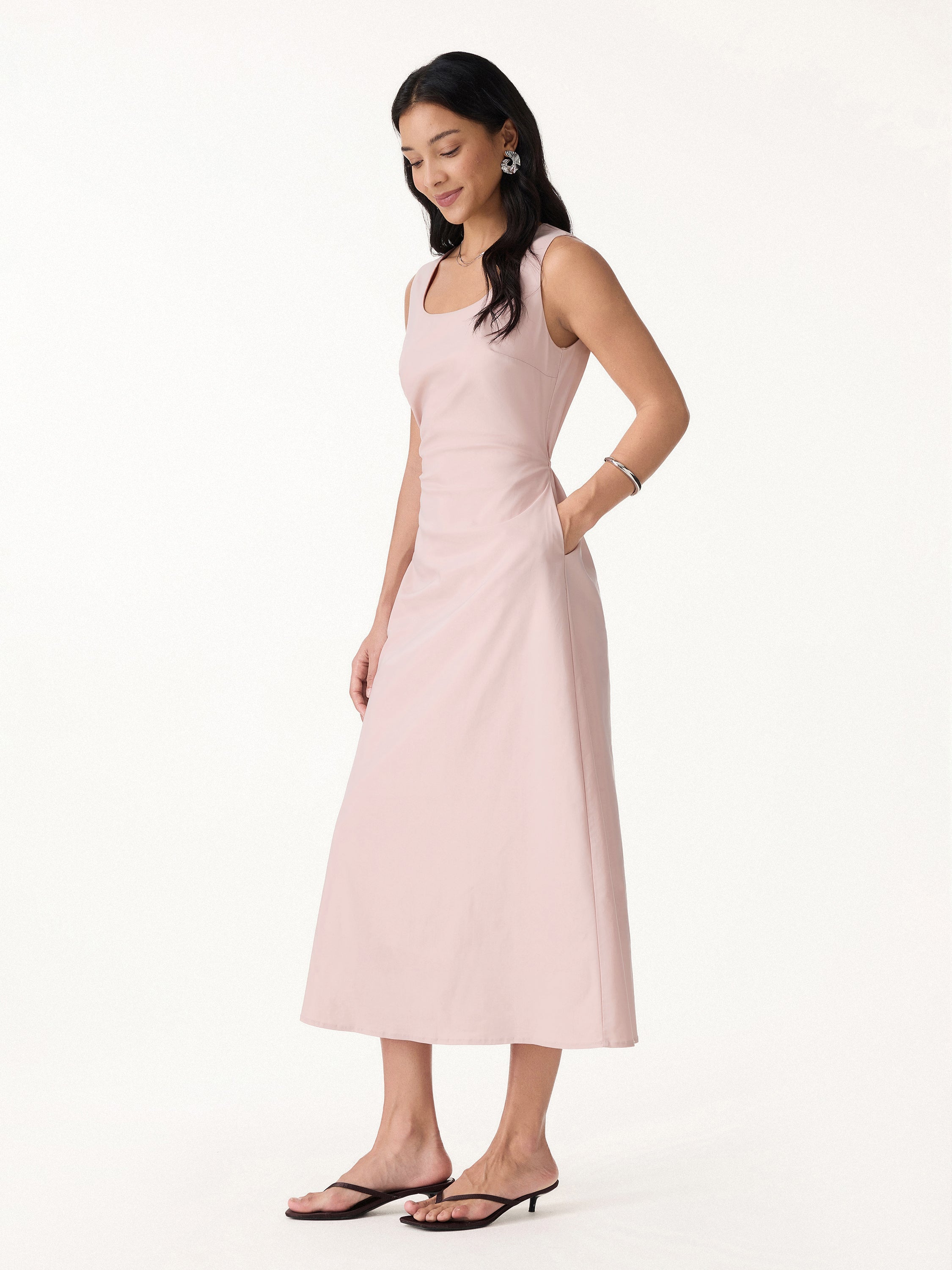 Wrinkle-Resistant Linen Blend U-Neck Maxi Dress with Pockets