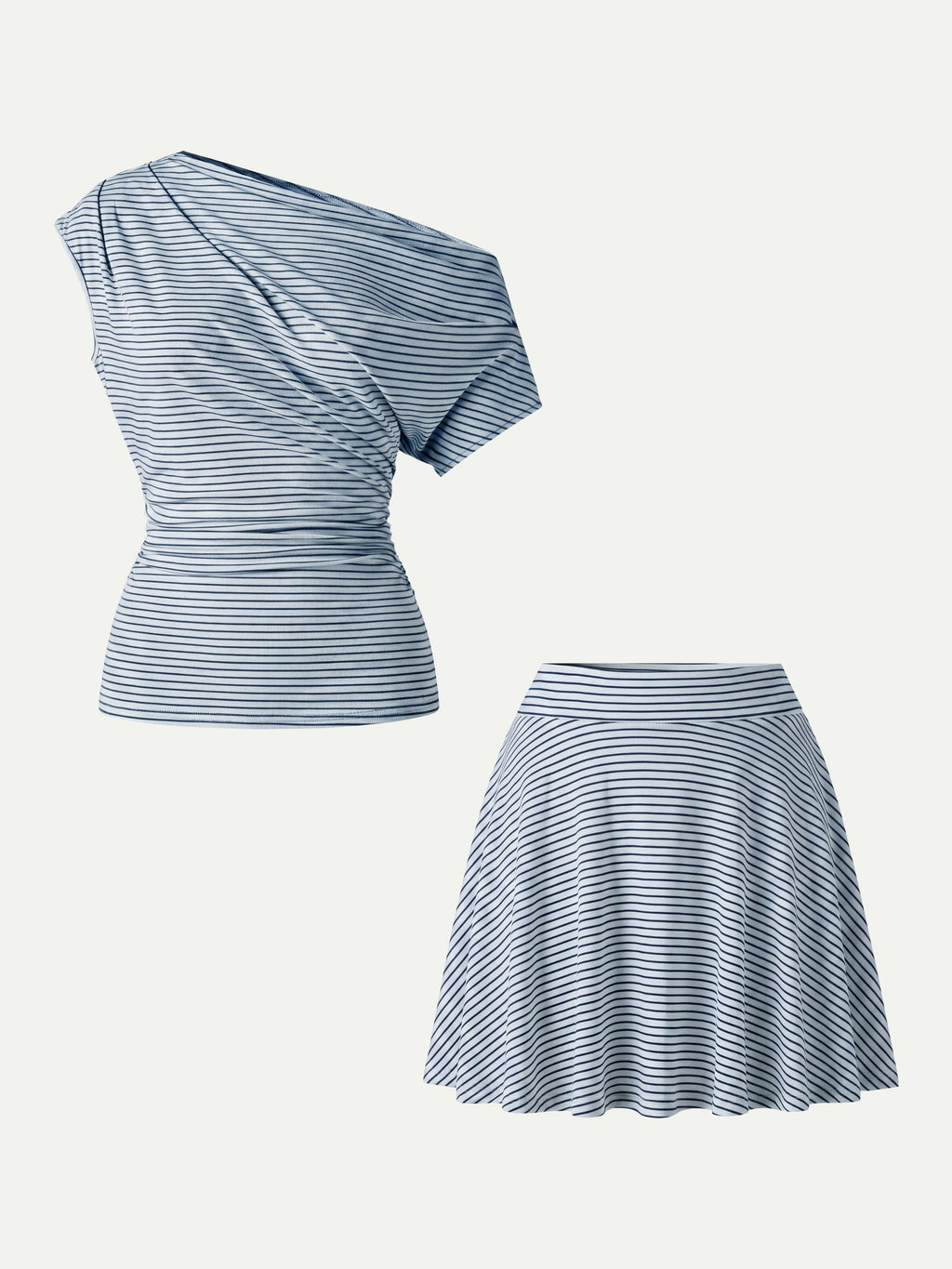2Pcs Set Asymmetrical Neck Ruched Top & Circle Flare Pull-On Skort