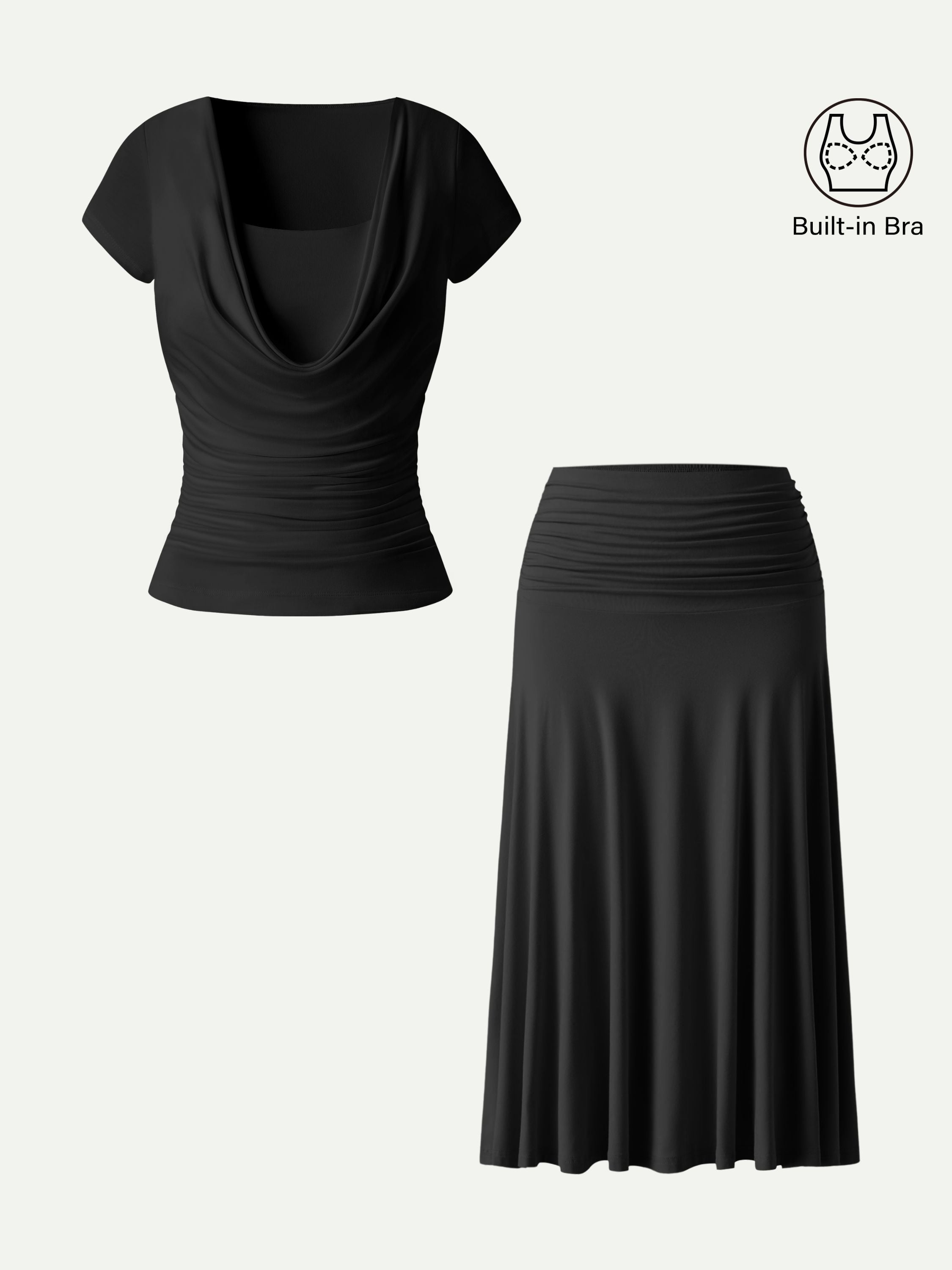 2Pcs Set Cowl Neck Ruched Bra Top & Side Ruched A-line Midi Skirt