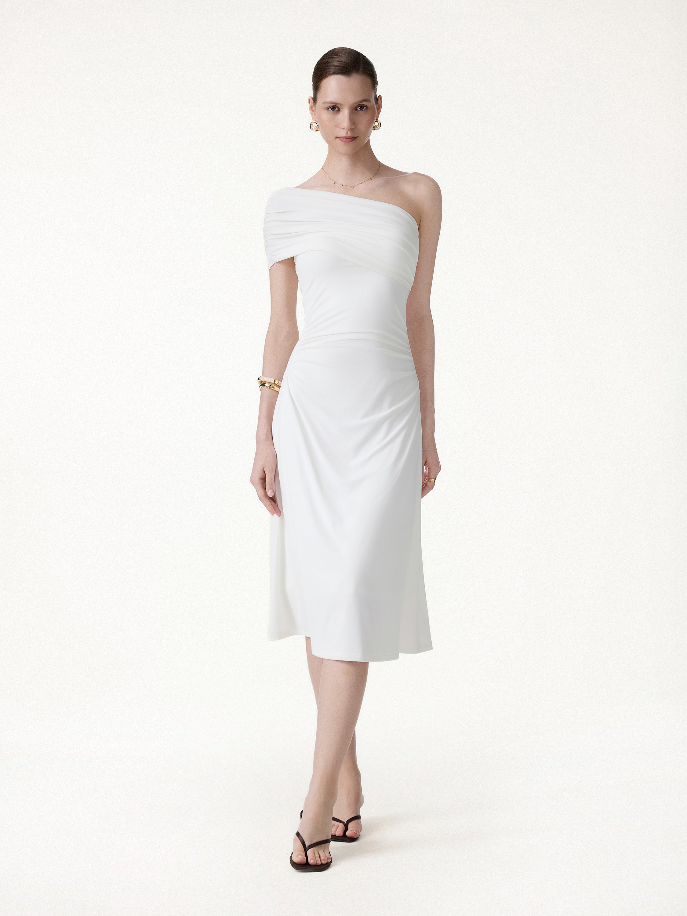 Not-See-Thru One Shoulder Gathered Midi Bra Dress