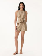 2Pcs Set Pleated Self-Tie Top & Tailored Shorts with Pockets