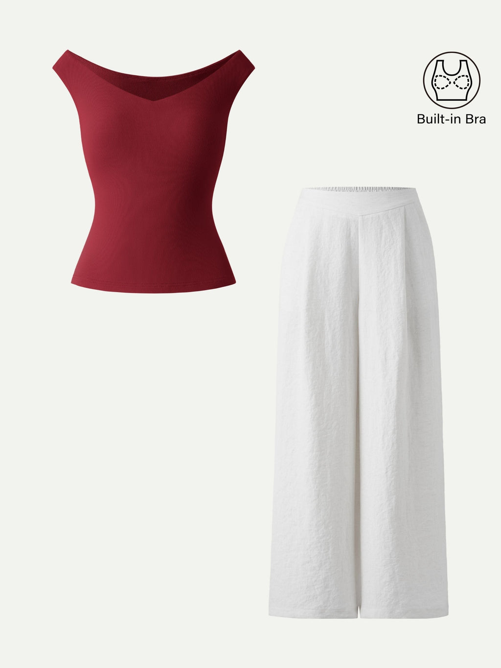 2Pcs Set V-neck Bra Top & Mid Rise Wide Leg Pant with Pockets
