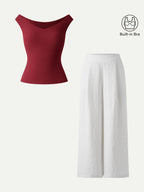 2Pcs Set V-neck Bra Top & Mid Rise Wide Leg Pant with Pockets