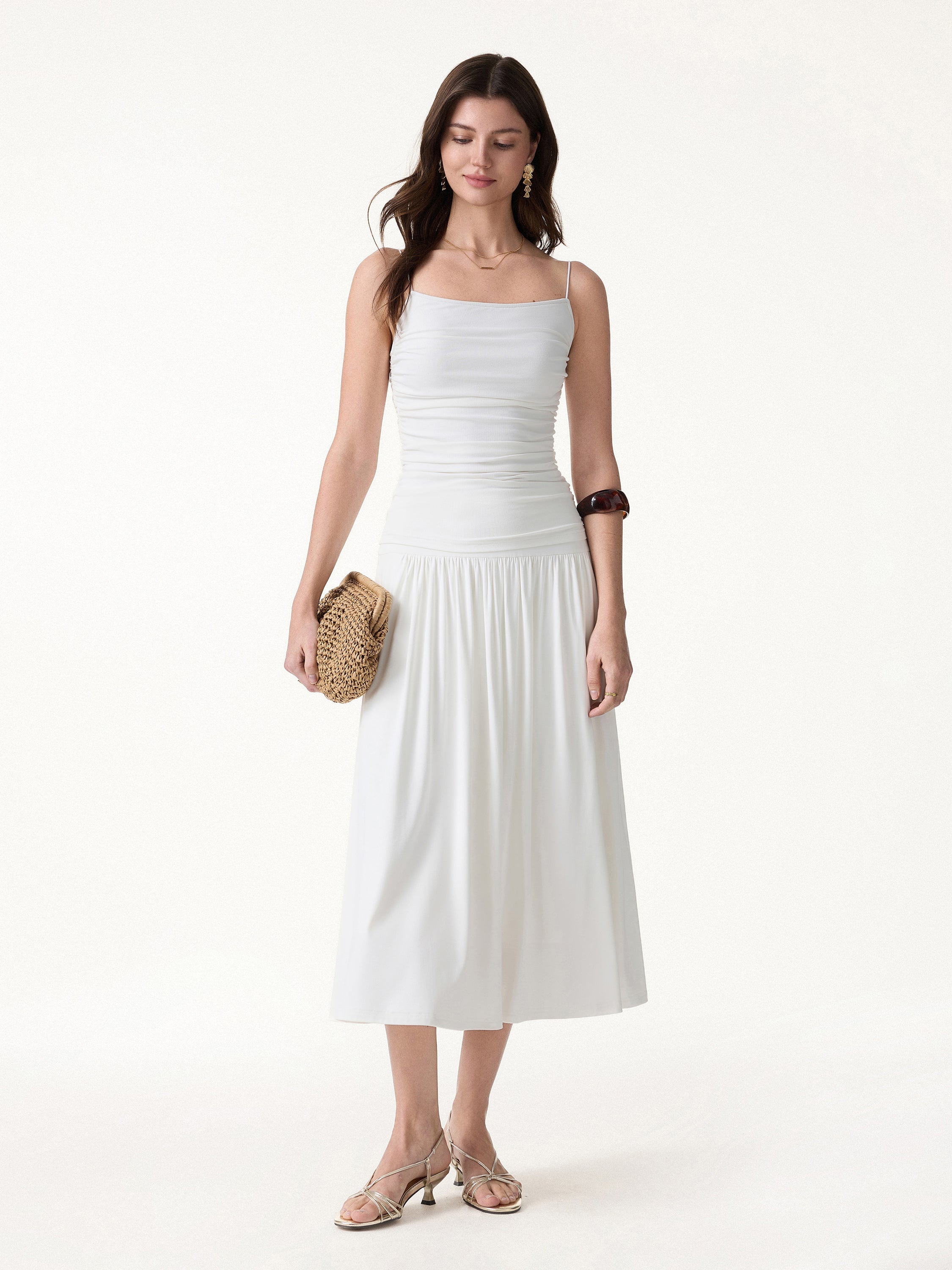 2Pcs Set Spaghetti Bra Top & Mid Rise Gathered Midi Skirt with Pockets