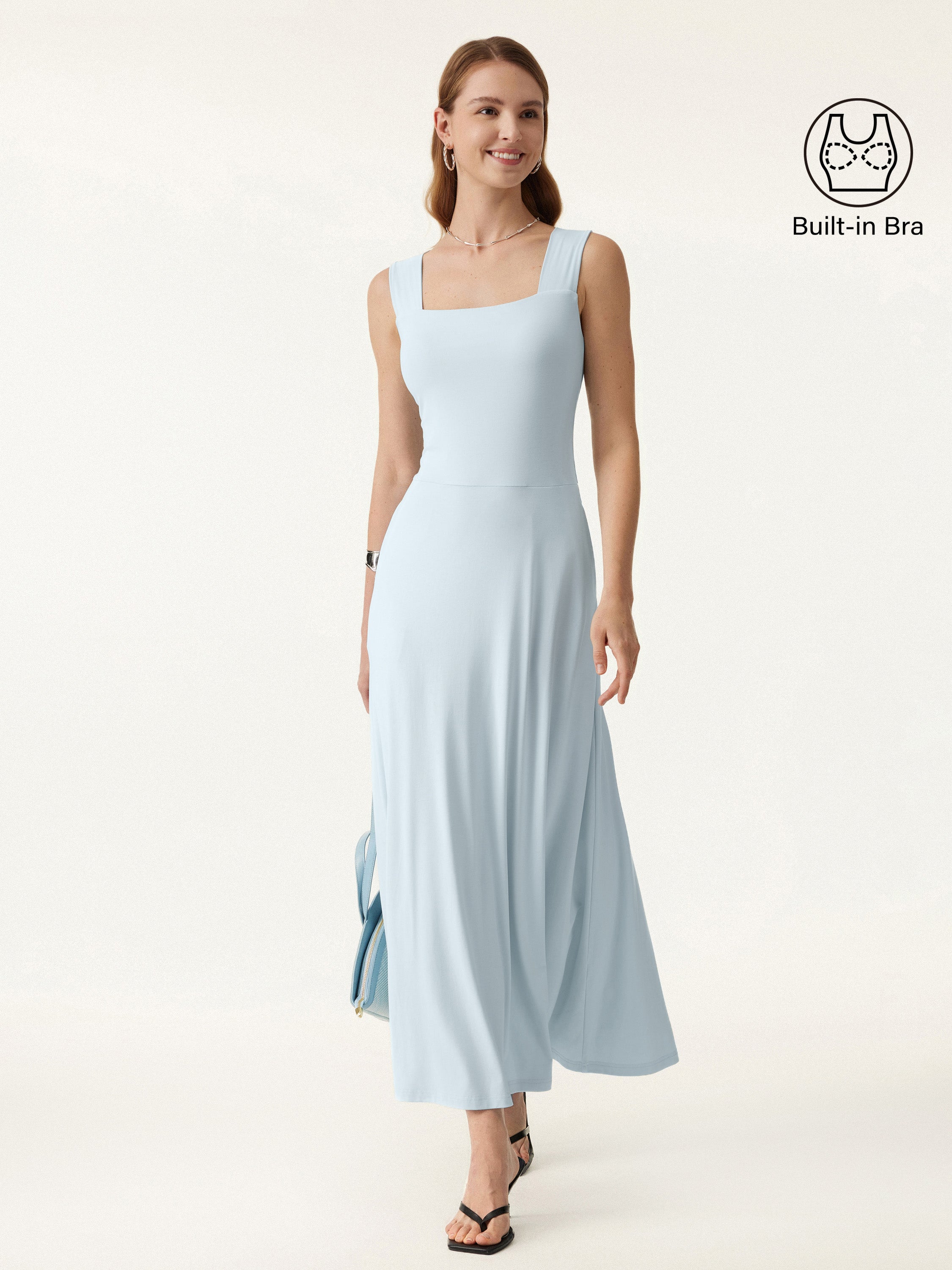 Flowy Square Neck Wide Straps Midi Bra Dress with Pockets