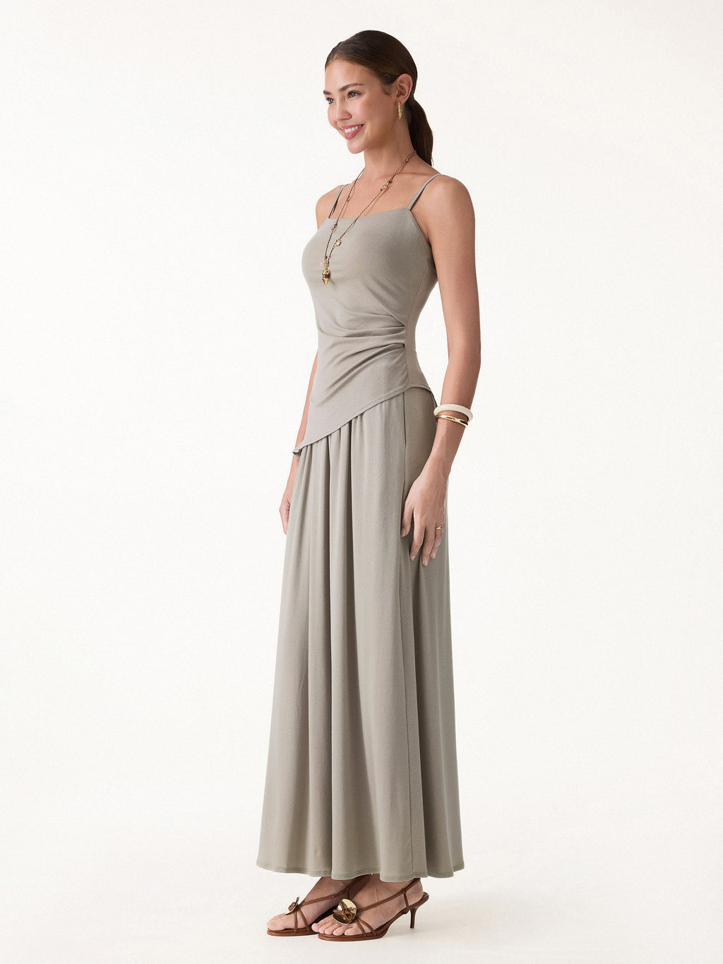 2Pcs Set Spaghetti Bra Top with Side Slit & A-Line Maxi Skirt with Pockets