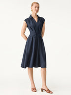 Viscose-Linen Collared V-neck Midi Dress with Drawstring