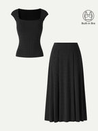 2Pcs Set Square Neck Bra Top & Midi Skirt with Pockets