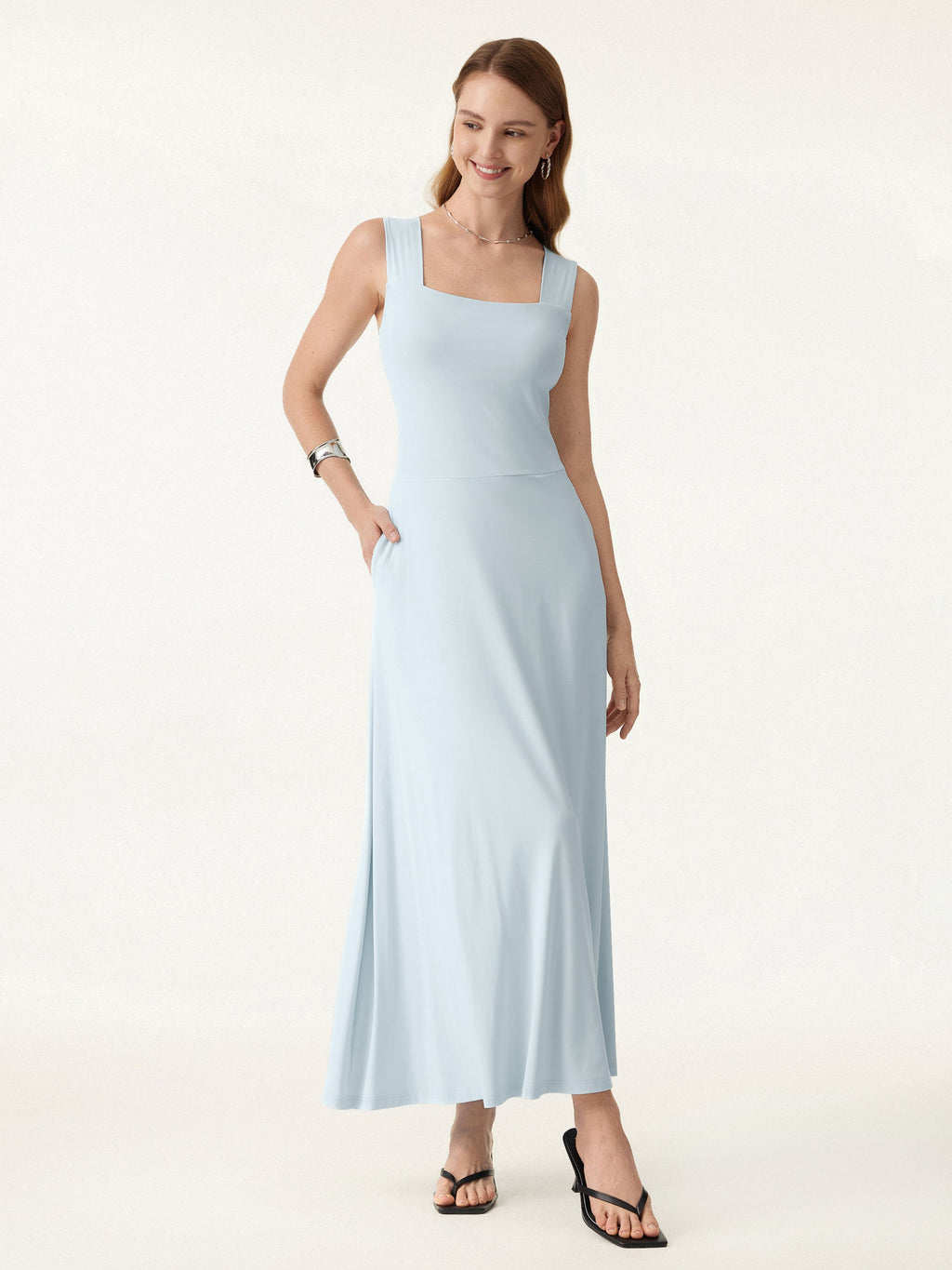 Flowy Square Neck Wide Straps Midi Bra Dress with Pockets