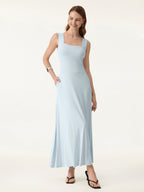 Flowy Square Neck Wide Straps Midi Bra Dress with Pockets