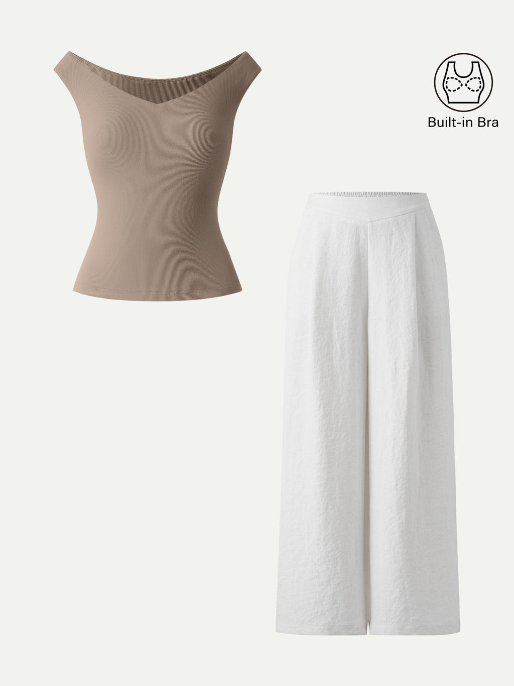 2Pcs Set V-neck Bra Top & Mid Rise Wide Leg Pant with Pockets