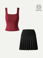 2Pcs Set Square Open-Back Bra Tank & Mini Circle Skirt with Lined Shorts