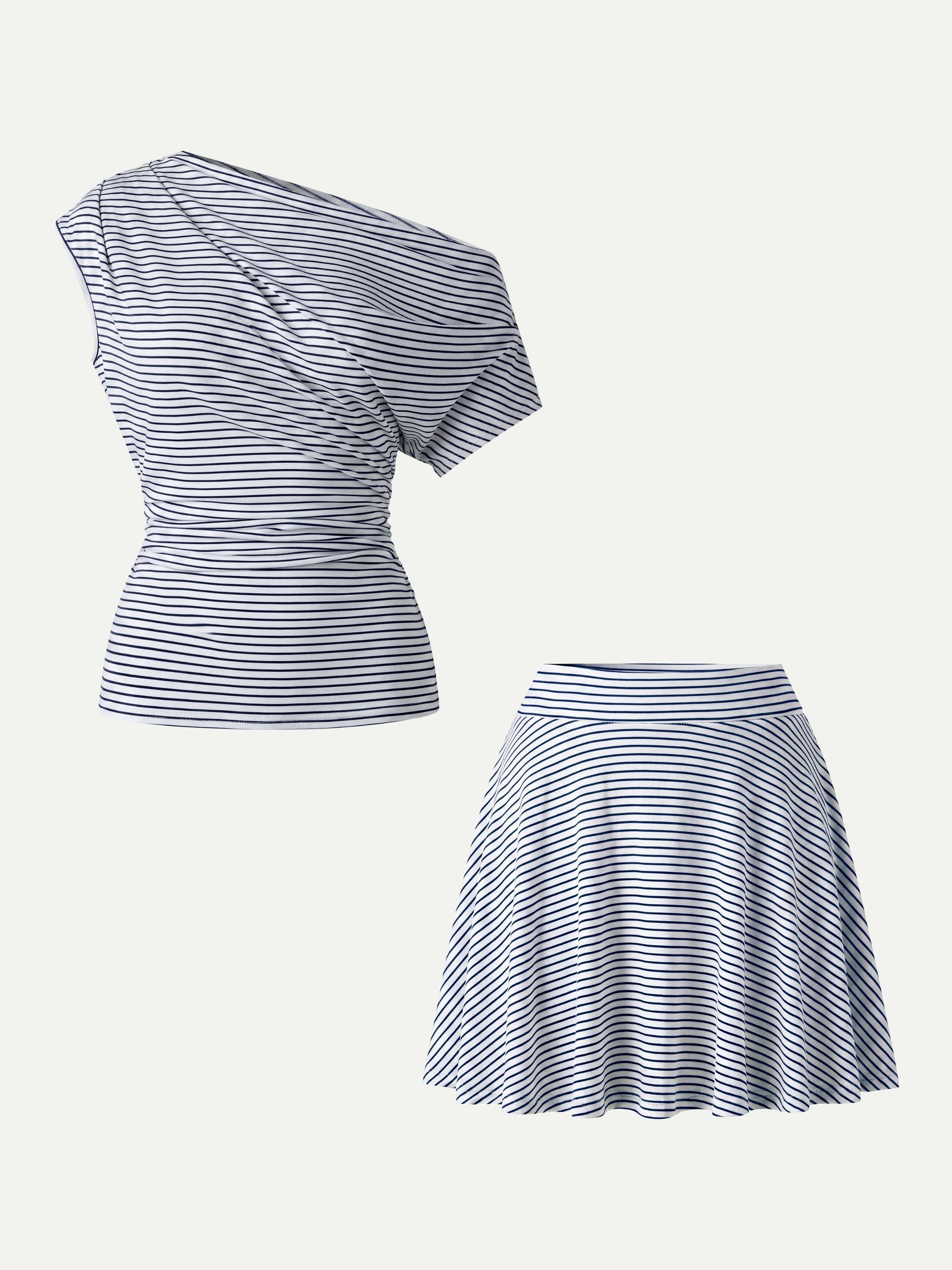 2Pcs Set Asymmetrical Neck Ruched Top & Circle Flare Pull-On Skort