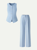 2Pcs Set Waistcoat with Pockets & Wide Leg Pant