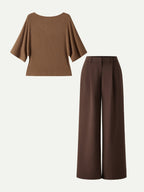 2Pcs Set Boatneck Relaxed Top & Wide Leg Pant with Pockets