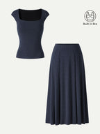 2Pcs Set Square Neck Bra Top & Midi Skirt with Pockets