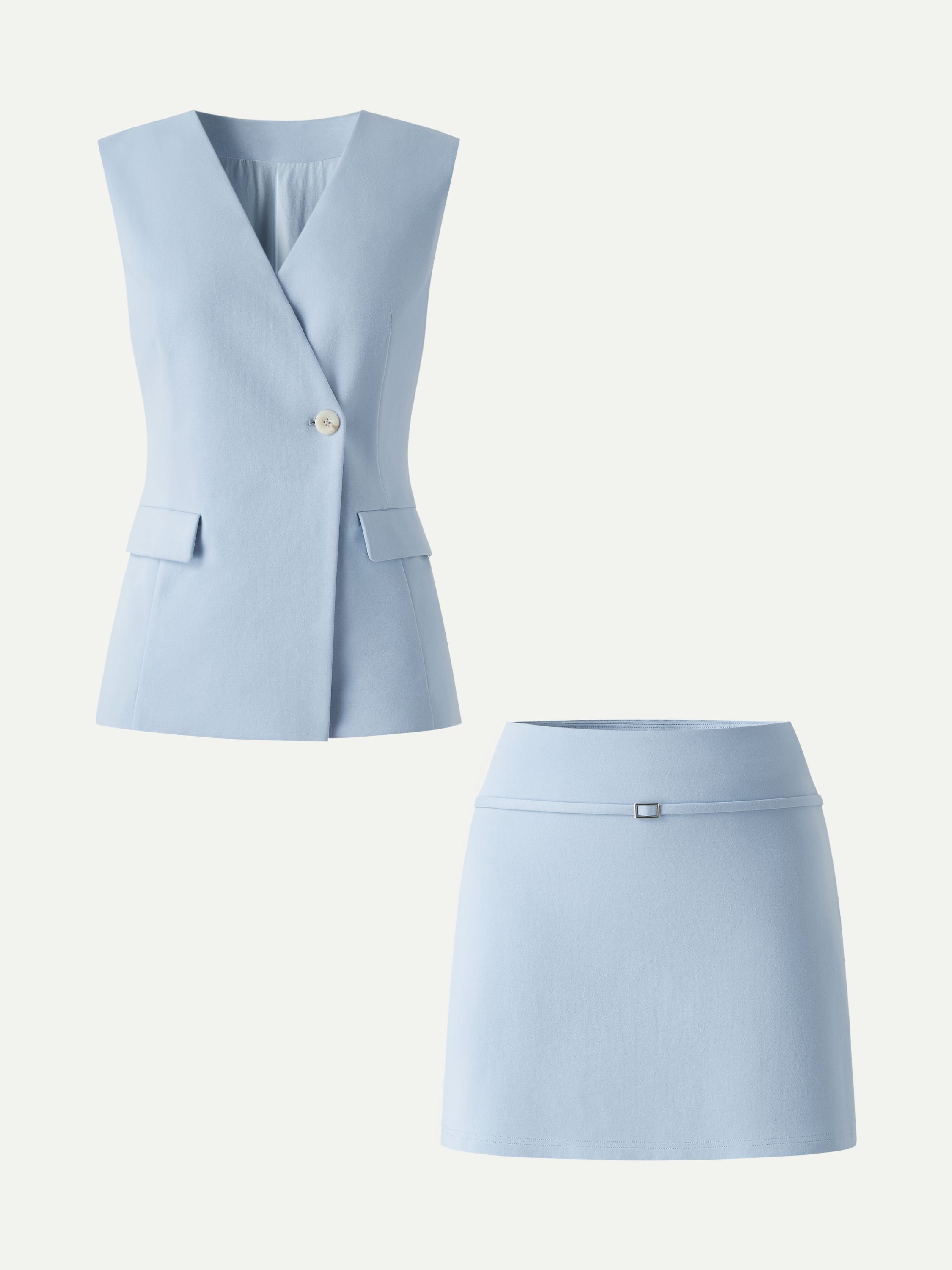 2Pcs Set V-Neck Waistcoat with Pockets & A-Line Mini Skort
