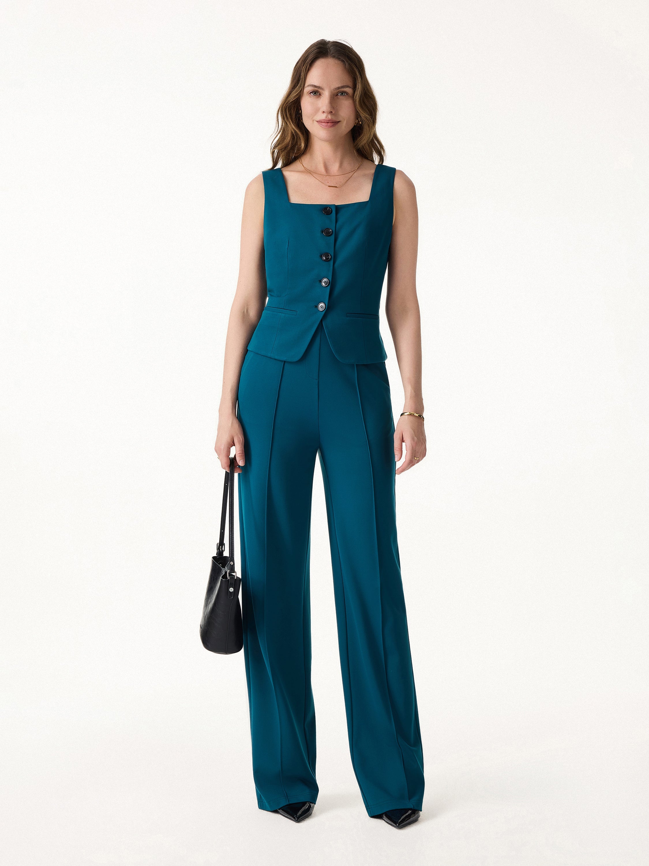 2Pcs Set Square Neck Waistcoat with Pockets & Wide Leg Ankled Pant